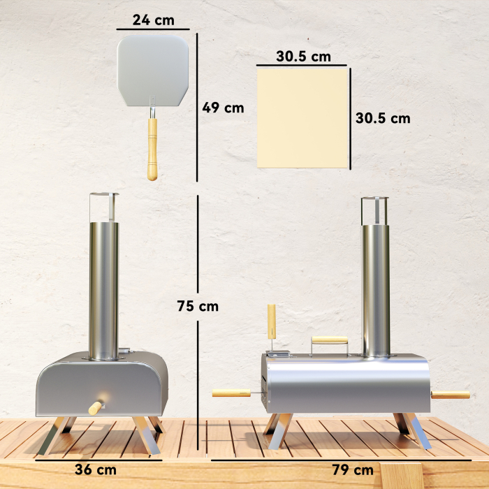  Cuptor pentru Pizza pe Pelete de Lemn cu Piatra Refractara si Lopata, din Otel Inoxidabil, 79x36x75 cm, Argintiu [3]