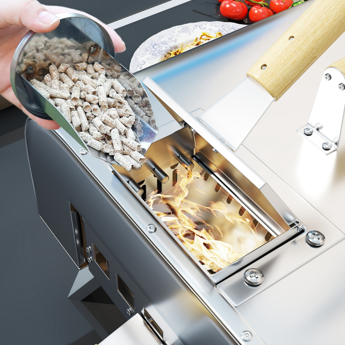  Cuptor pentru Pizza pe Pelete de Lemn cu Piatra Refractara si Lopata, din Otel Inoxidabil, 79x36x75 cm, Argintiu [8]