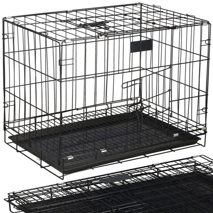 Cusca pliabila animale 2 usi metal, tava plastic detasabila, pliaza la 10 cm, transport usor, 60x50x42 cm, negru [14]