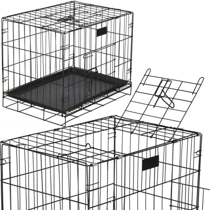 Cusca pliabila animale 2 usi metal, tava plastic detasabila, pliaza la 10 cm, transport usor, 60x50x42 cm, negru [2]