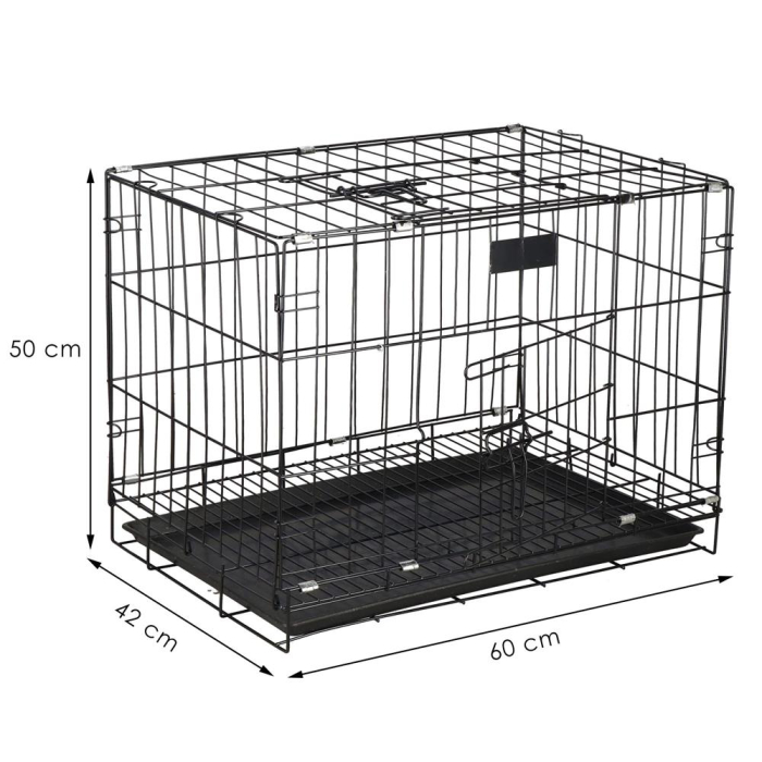 Cusca pliabila animale 2 usi metal, tava plastic detasabila, pliaza la 10 cm, transport usor, 60x50x42 cm, negru [16]