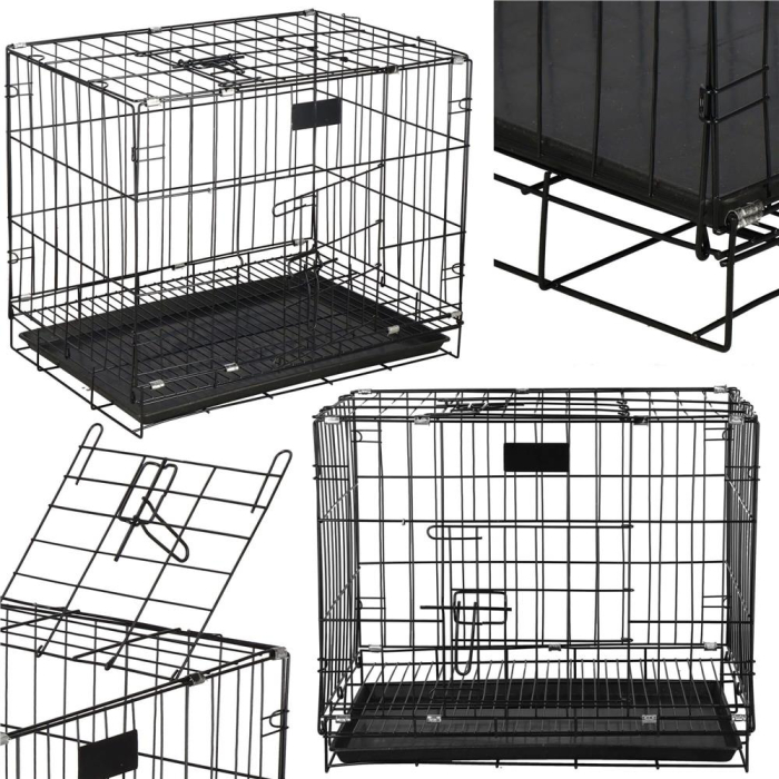 Cusca pliabila animale 2 usi metal, tava plastic detasabila, pliaza la 10 cm, transport usor, 60x50x42 cm, negru [10]