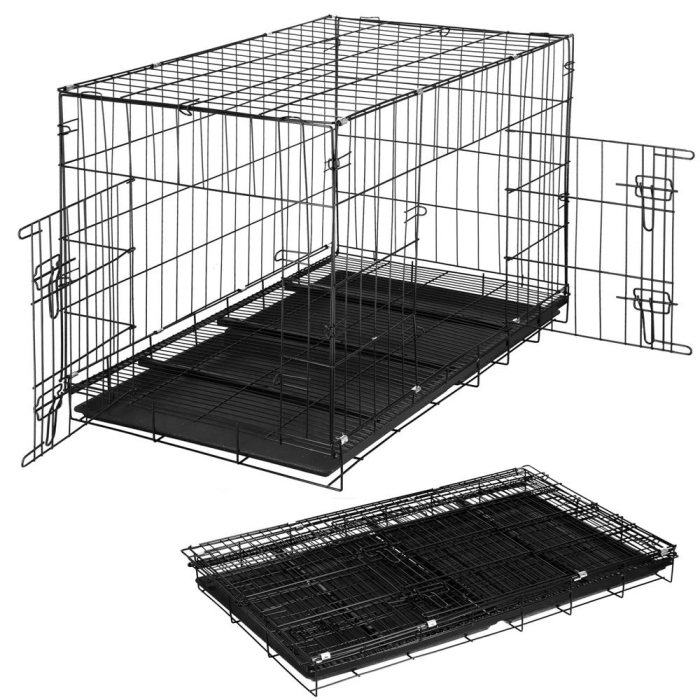 Cusca animale 2 usi pliabila metal tava detasabila xl, 100x70x60 cm, transport usor, negru [13]