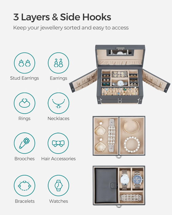 Cutie de bijuterii pe 3 nivele, cu 2 sertare, maner, oglinda, inchidere cu cheie, 18x26x17, gri [3]