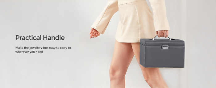 Cutie de bijuterii pe 3 nivele, cu 2 sertare, maner, oglinda, inchidere cu cheie, 18x26x17, gri [14]