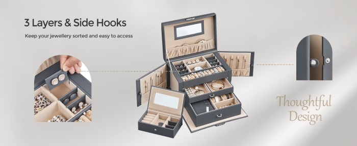 Cutie de bijuterii pe 3 nivele, cu 2 sertare, maner, oglinda, inchidere cu cheie, 18x26x17, gri [10]