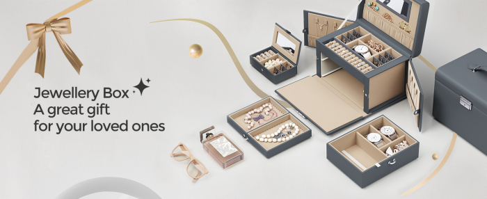 Cutie de bijuterii pe 3 nivele, cu 2 sertare, maner, oglinda, inchidere cu cheie, 18x26x17, gri [9]