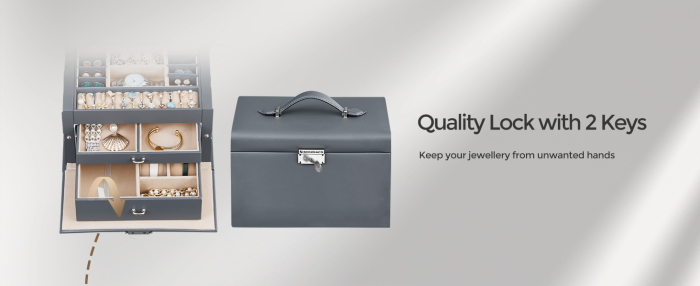 Cutie de bijuterii pe 3 nivele, cu 2 sertare, maner, oglinda, inchidere cu cheie, 18x26x17, gri [11]