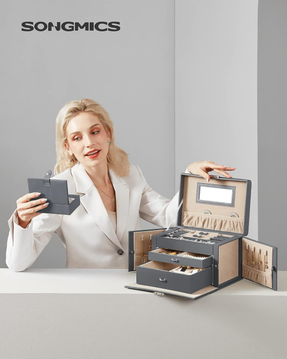 Cutie de bijuterii pe 3 nivele, cu 2 sertare, maner, oglinda, inchidere cu cheie, 18x26x17, gri [2]