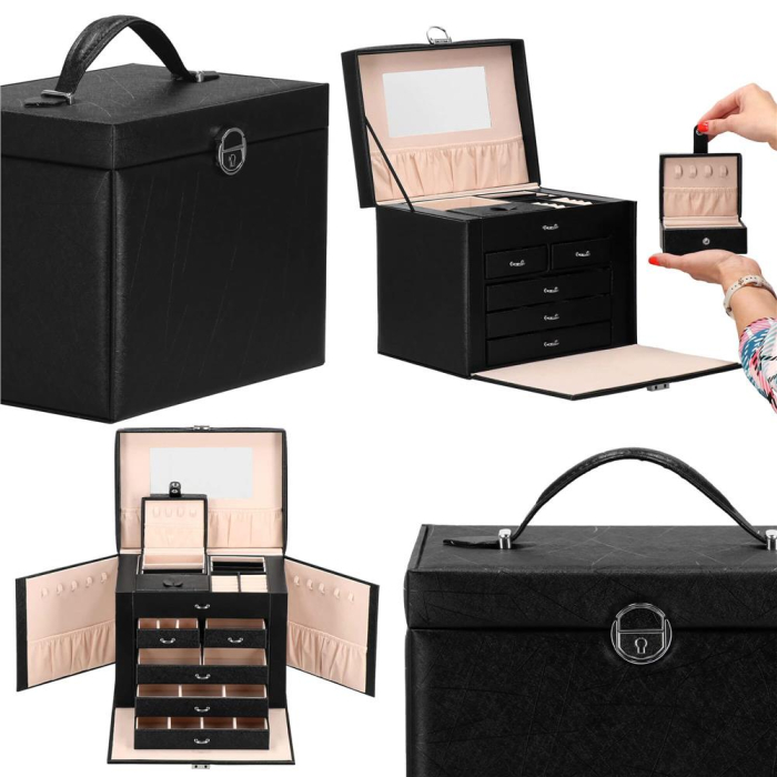 Cutie depozitare si organizare bijuterii, piele ecologica + velur, 26 x 21,5 x 19 cm, negru [3]