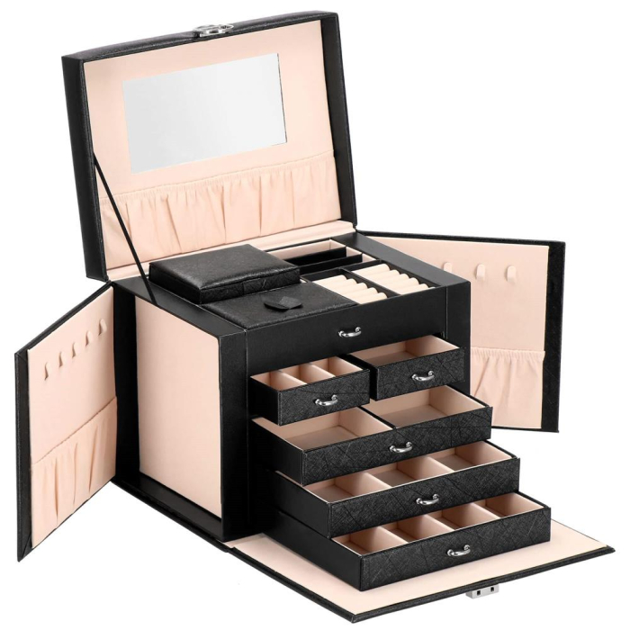 Cutie depozitare si organizare bijuterii, piele ecologica + velur, 26 x 21,5 x 19 cm, negru [2]