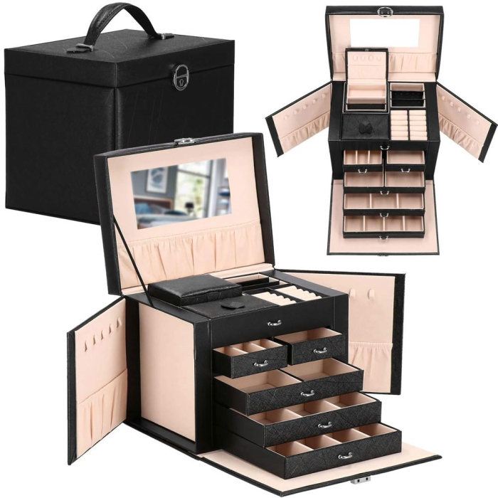 Cutie depozitare si organizare bijuterii, piele ecologica + velur, 26 x 21,5 x 19 cm, negru [6]