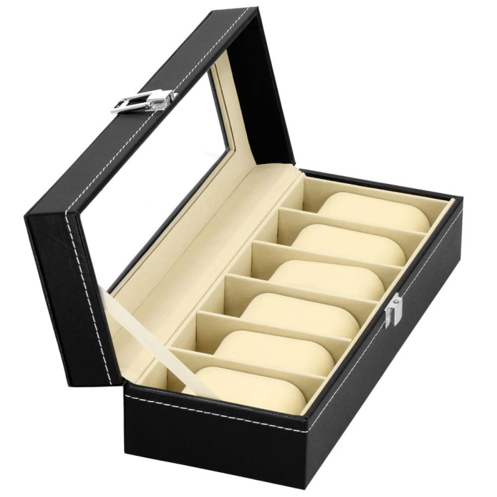 Cutie depozitare si organizare ceasuri, MDF, piele ecologica, 30x11x8cm, negru [8]