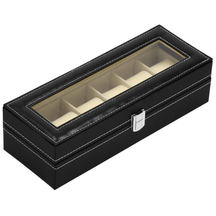 Cutie depozitare si organizare ceasuri, MDF, piele ecologica, 30x11x8cm, negru [4]