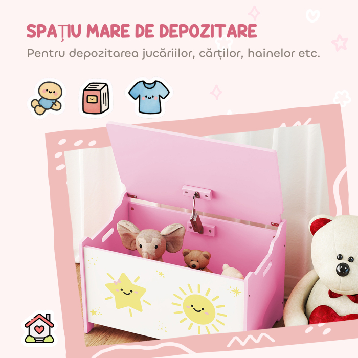  Cutie pentru Jucarii cu Capac, Balama de Siguranta si Manere Groove, Organizator pentru Depozitarea Jucariilor pentru Copii, Camera de Zi, Sala de Joaca, Roz [4]