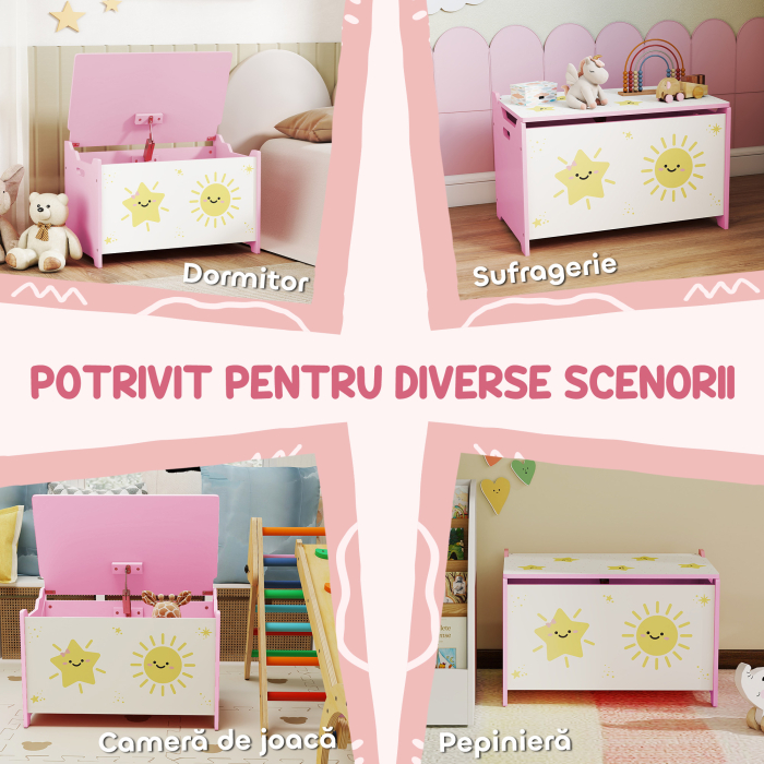  Cutie pentru Jucarii cu Capac, Balama de Siguranta si Manere Groove, Organizator pentru Depozitarea Jucariilor pentru Copii, Camera de Zi, Sala de Joaca, Roz [6]