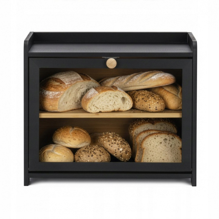 Cutie pentru paine cu 2 niveluri din bambus, cu fereastra transparenta si inchidere magnetica, raft suplimentar superior, 40x25x34 cm, negru [7]