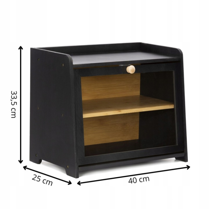 Cutie pentru paine cu 2 niveluri din bambus, cu fereastra transparenta si inchidere magnetica, raft suplimentar superior, 40x25x34 cm, negru [5]