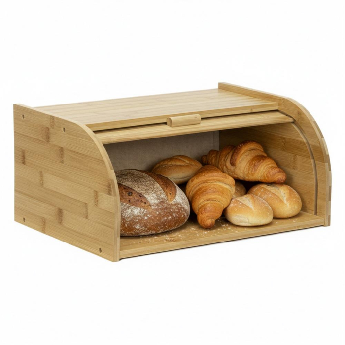 Cutie pentru paine din bambus cu capac glisant, raft superior, 38x28x18 cm, bambus natur maro [7]