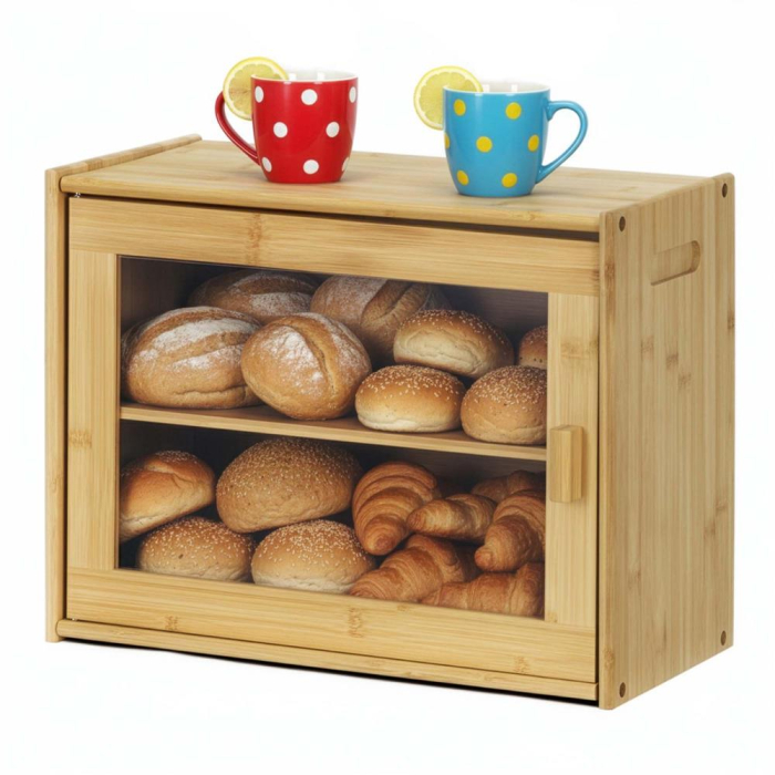 Cutie pentru paine din bambus cu fereastra transparenta, inchidere magnetica, 39x20x31 cm, bambus natural [3]