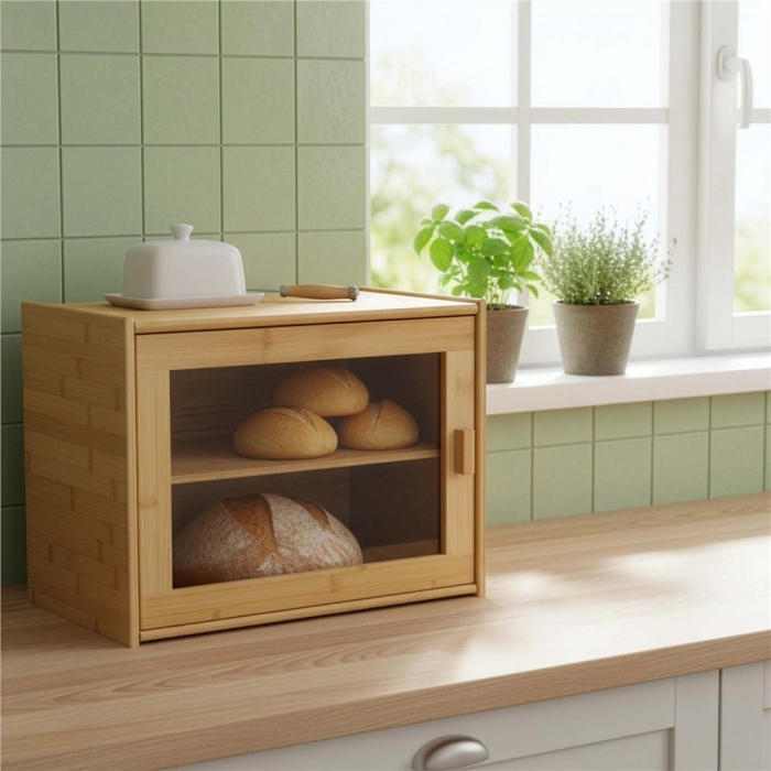 Cutie pentru paine din bambus cu fereastra transparenta, inchidere magnetica, 39x20x31 cm, bambus natural [13]