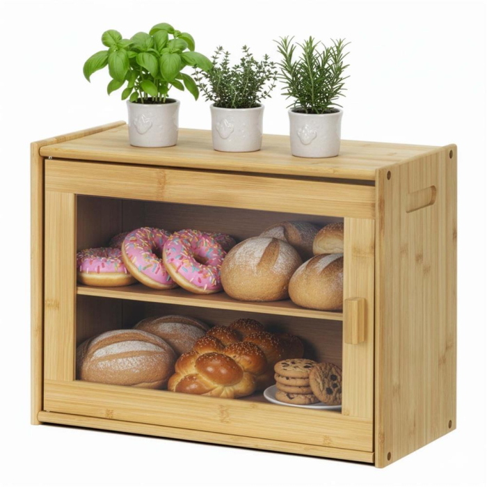 Cutie pentru paine din bambus cu fereastra transparenta, inchidere magnetica, 39x20x31 cm, bambus natural [4]