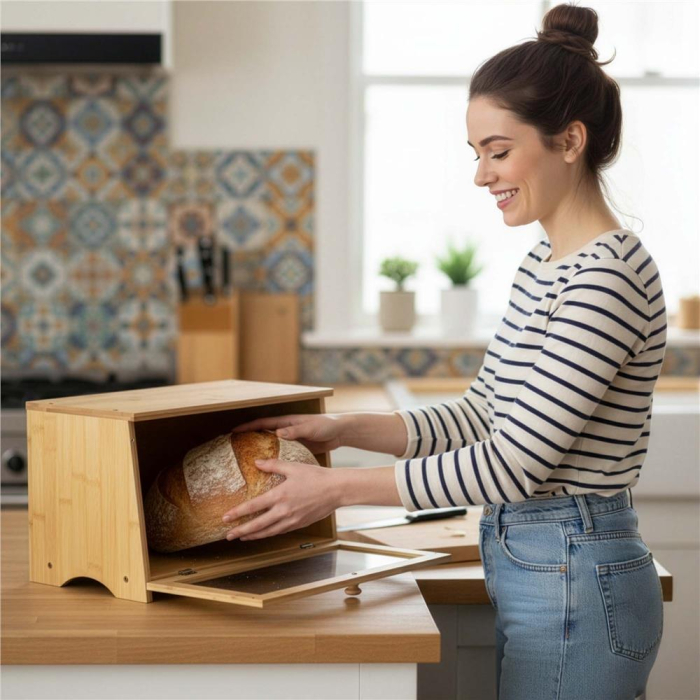 Cutie pentru paine din bambus cu fereastra transparenta, inchidere magnetica, 40x20x23 cm, bambus natural [11]