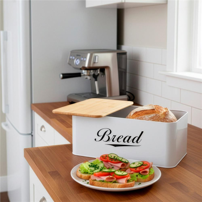 Cutie pentru paine din metal cu capac din bambus, finisaj lucios, 33x18x14 cm, alb [8]