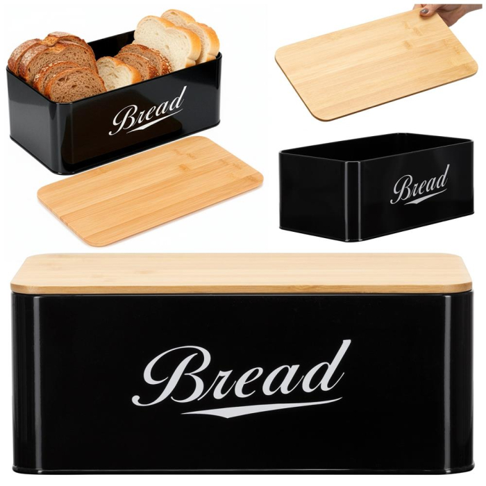 Cutie pentru paine din metal cu capac din bambus, finisaj lucios, 33x18x14 cm, negru [5]