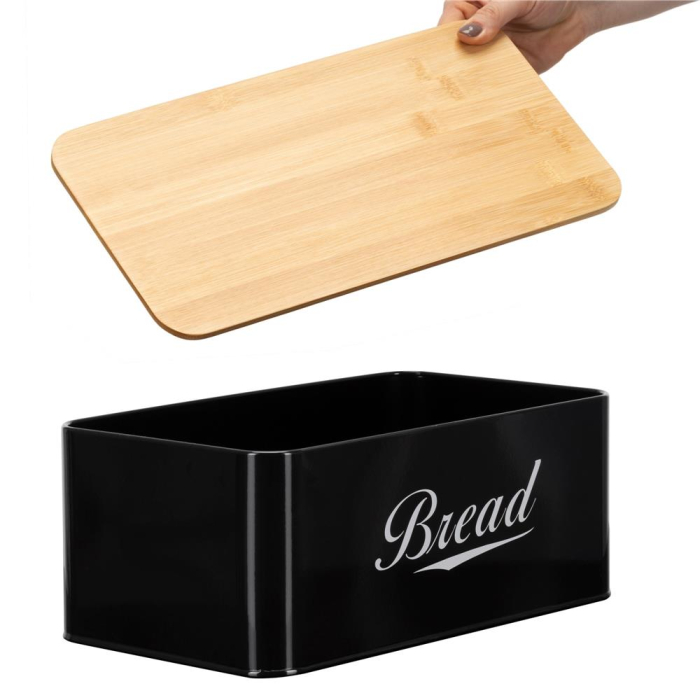 Cutie pentru paine din metal cu capac din bambus, finisaj lucios, 33x18x14 cm, negru [14]
