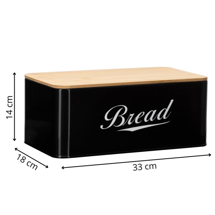 Cutie pentru paine din metal cu capac din bambus, finisaj lucios, 33x18x14 cm, negru [16]