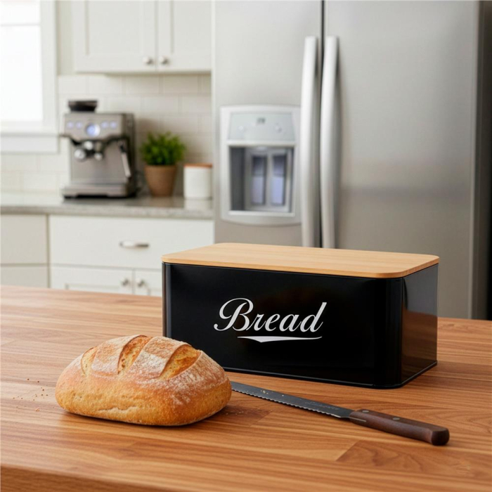 Cutie pentru paine din metal cu capac din bambus, finisaj lucios, 33x18x14 cm, negru [13]