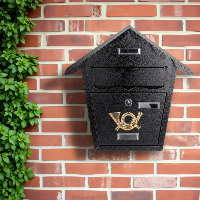 Cutie postala eleganta din metal negru, design clasic cu emblema aurie, rezistenta la intemperii, 38x38x10cm [2]