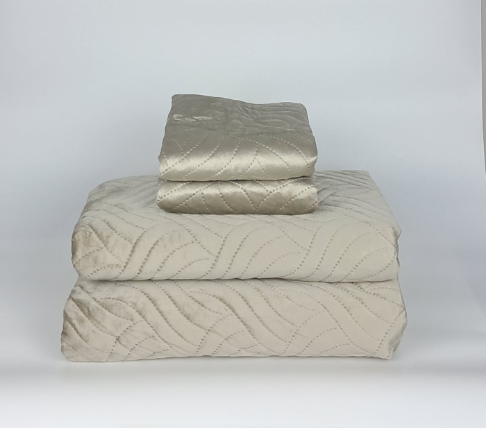 Cuvertura Brius de Pat Velvet 220/240 + 2 Fete de Perna, Catifea, Fata Perna 50 x 70 cm, Matlasata ultrasonic, CREM [3]