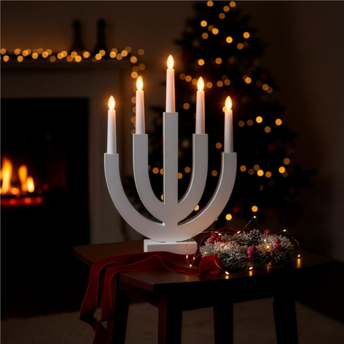 Decoratiune luminoasa tip sfesnic, din lemn, 39 cm, lumina calda, alimentare cu baterii, alb [7]