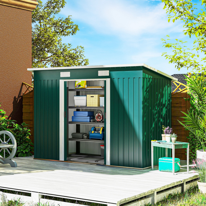  Depozit de Gradina 3.18m² din Otel Galvanizat cu Fante de Aerisire, Spatiu de Depozitare cu Usi Glisante Blocabile, Acoperis inclinat, Manusi, 272x134x182 cm, Verde inchis [2]