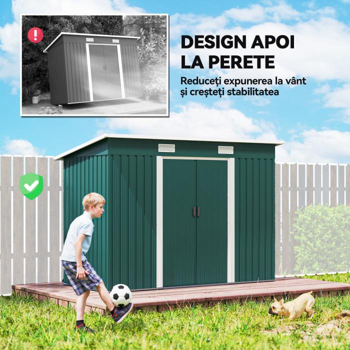  Depozit de Gradina 3.18m² din Otel Galvanizat cu Fante de Aerisire, Spatiu de Depozitare cu Usi Glisante Blocabile, Acoperis inclinat, Manusi, 272x134x182 cm, Verde inchis [6]