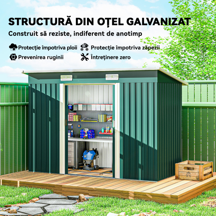  Depozit de Gradina 3.18m² din Otel Galvanizat cu Fante de Aerisire, Spatiu de Depozitare cu Usi Glisante Blocabile, Acoperis inclinat, Manusi, 272x134x182 cm, Verde inchis [4]