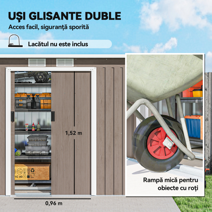  Depozit de Gradina din Otel cu 2 Ventilatii si 2 Usi Glisante, 280x130x172 cm, Maro Lemn [5]