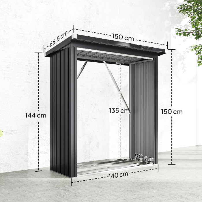  Depozit pentru Lemne din Otel pentru Exterior, Baza Ridicata si Acoperis inclinat, 150x66.5x150 cm, Gri inchis [3]