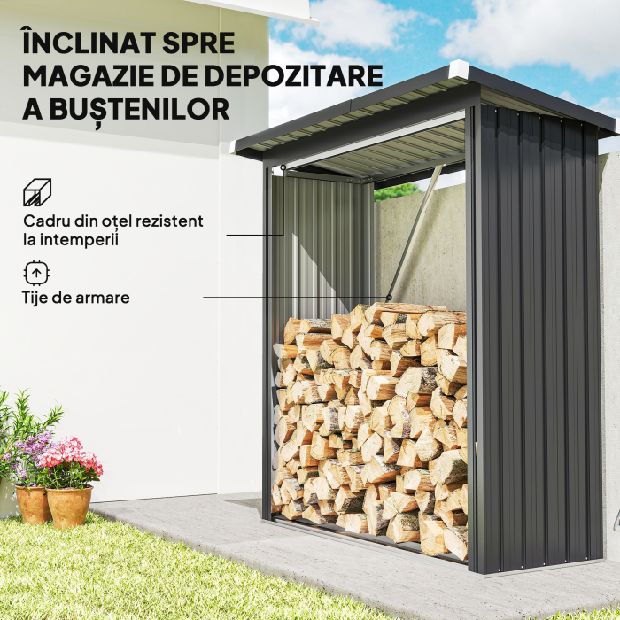  Depozit pentru Lemne din Otel pentru Exterior, Baza Ridicata si Acoperis inclinat, 150x66.5x150 cm, Gri inchis [4]