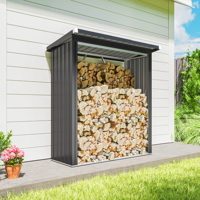  Depozit pentru Lemne din Otel pentru Exterior, Baza Ridicata si Acoperis inclinat, 150x66.5x150 cm, Gri inchis [8]
