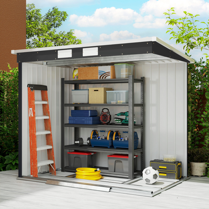  Depozit pentru Unelte de Gradina din Metal cu Kit Fundatie, Usi Duble, Ventilatie si Acoperis inclinat, Gri [8]