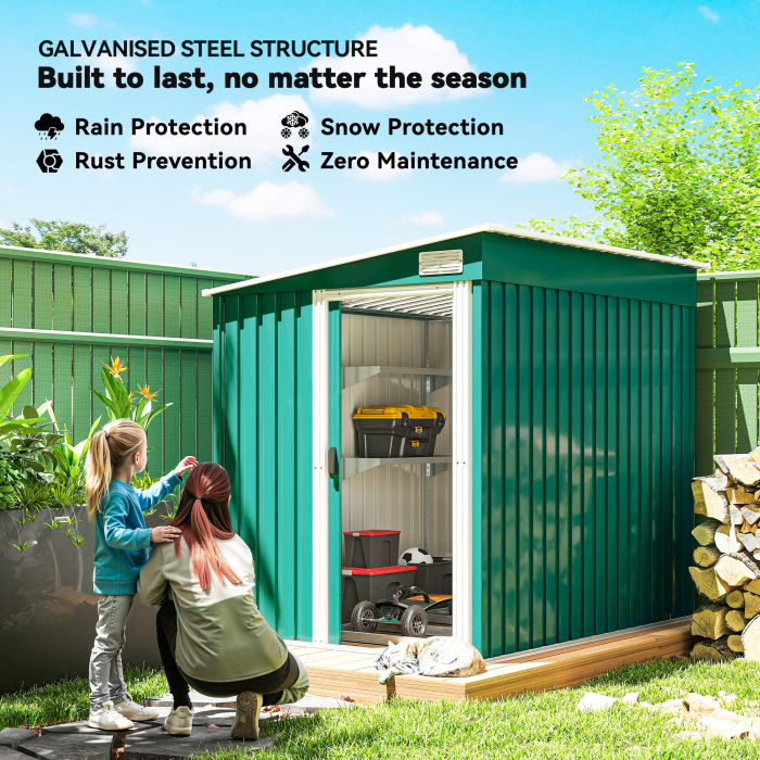  Depozit pentru Unelte din Metal 1.5x2m cu Baza, Usa Glisanta si Acoperis inclinat, Verde [4]