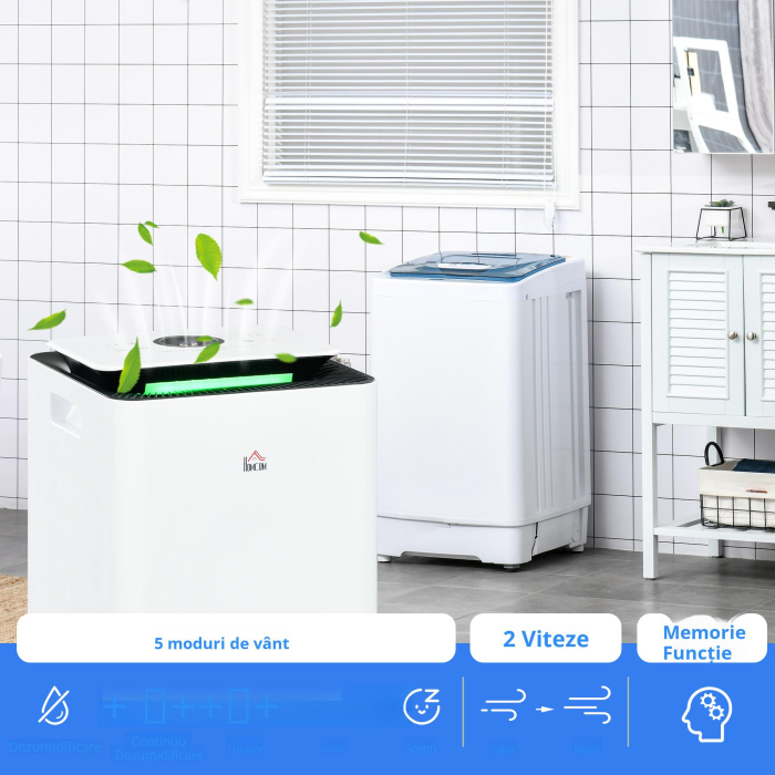  Dezumidificator de 12L din ABS cu 5 Modalitati, 2 Viteze, Temporizator de 24h si Design Silentios, 25x25x50.5 cm, Alb si Negru [6]