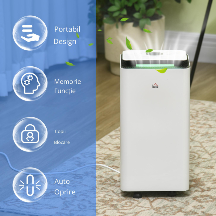  Dezumidificator de 12L din ABS cu 5 Modalitati, 2 Viteze, Temporizator de 24h si Design Silentios, 25x25x50.5 cm, Alb si Negru [5]