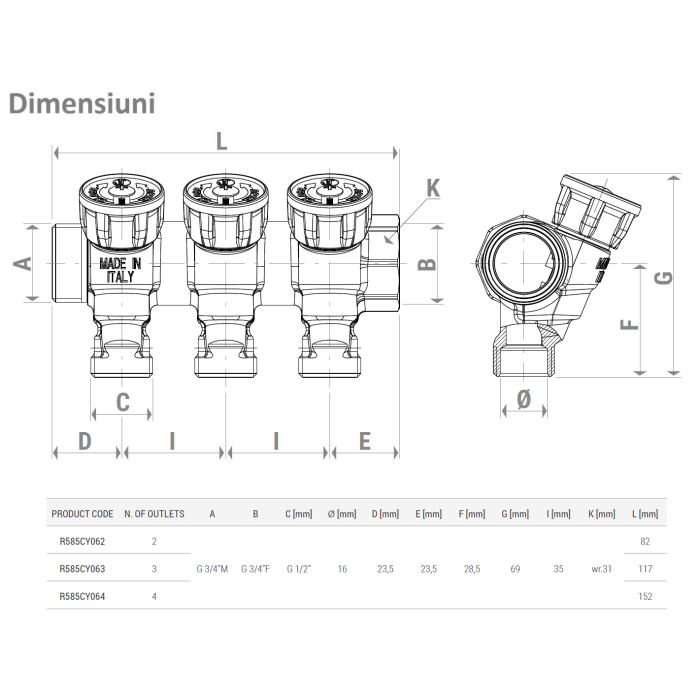 Distribuitor modular din alama Giacomini R585CY063, 3 iesiri 1/2”, cu robinete de inchidere, racord 3/4” [4]