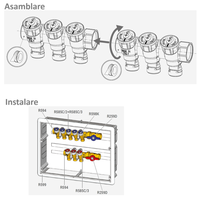 Distribuitor modular din alama Giacomini R585CY063, 3 iesiri 1/2”, cu robinete de inchidere, racord 3/4” [2]