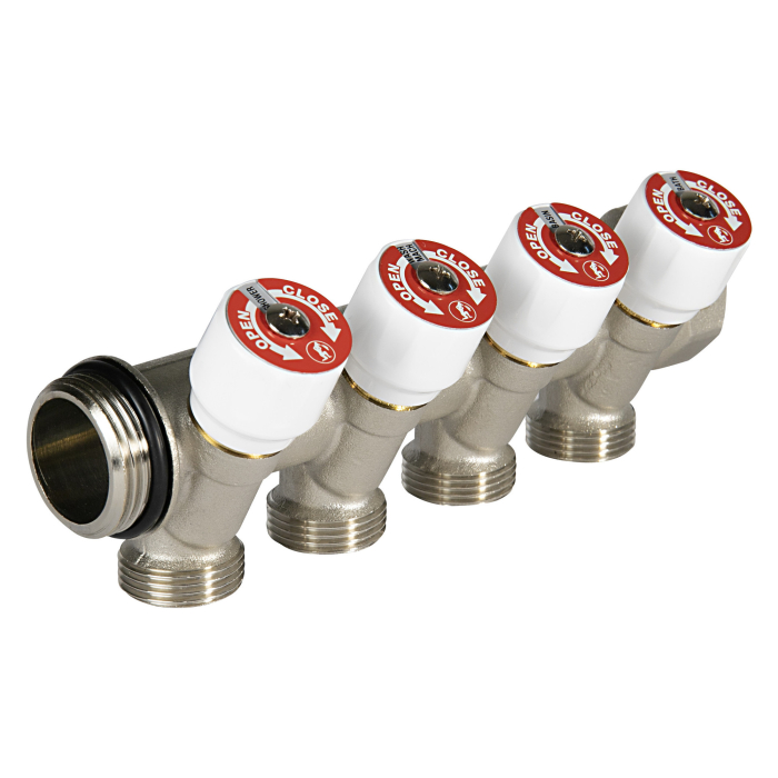 Distribuitor modular Giacomini R585CSX144, 4 iesiri, cu robinete de inchidere, 1” x 3/4”E, alama nichelata [1]