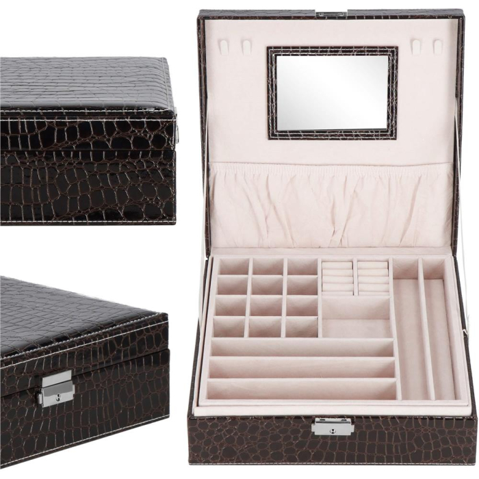 Cutie depozitare si organizare bijuterii, MDF, piele ecologica, 26 x 26 x 8,5cm, negru sarpe [16]